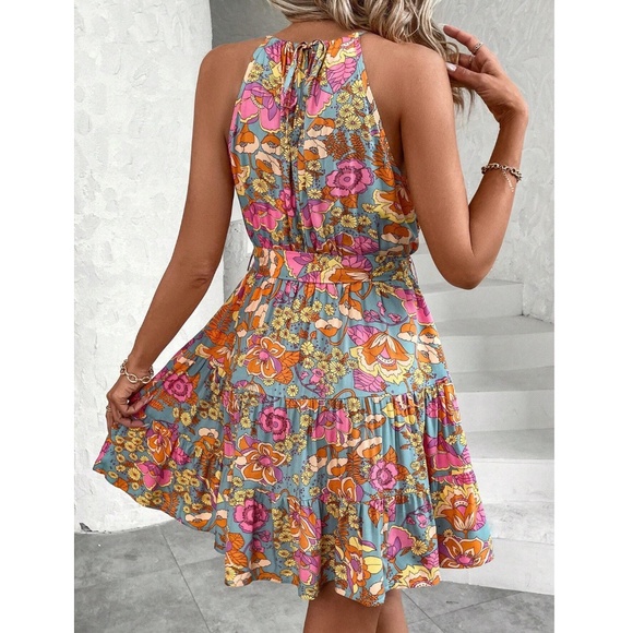 Floral Multicolor Halter Style Flowy Ruffle Mini Dress Tie Belt  Sleeveless - Picture 4 of 6